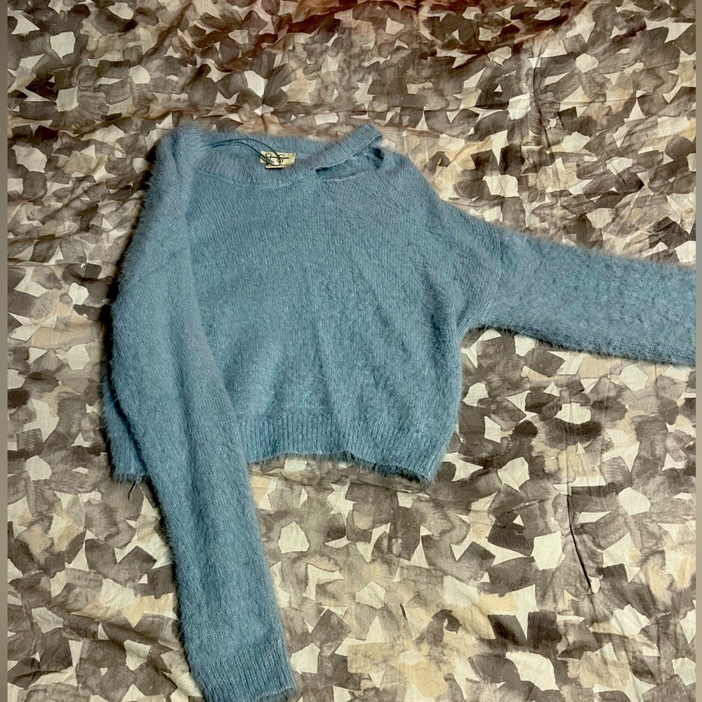 Jessica simpson Light blue long sleeve sweater with one off the shoulder sleeve